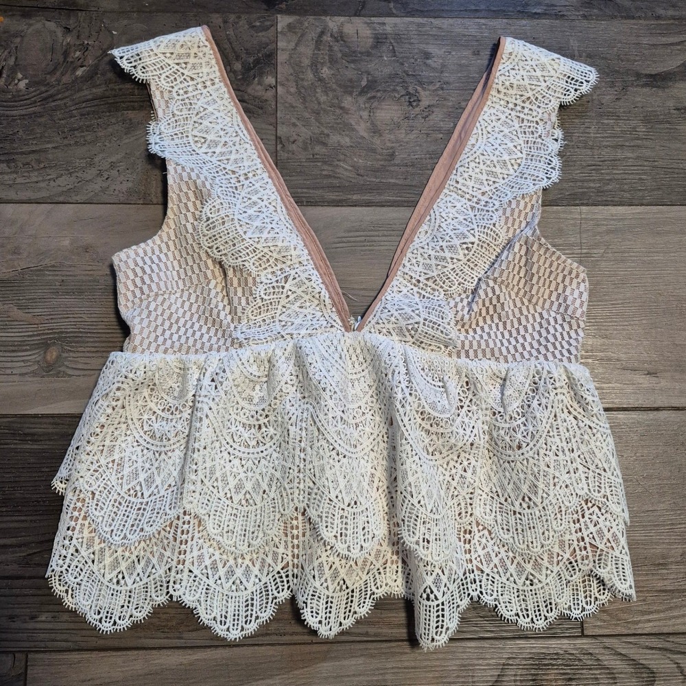 Topshop Womens Lace Peplum Tank Top Sleeveless Ivory Deep V Neck Size US 10